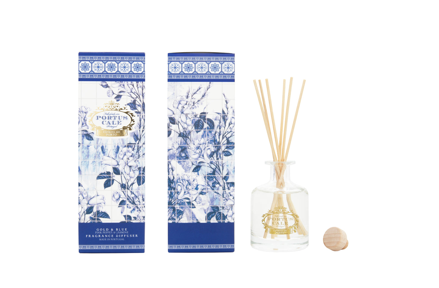 Pink Pepper and Jasmine Gold and Blue Diffuser with decorative box and glass reed diffuser