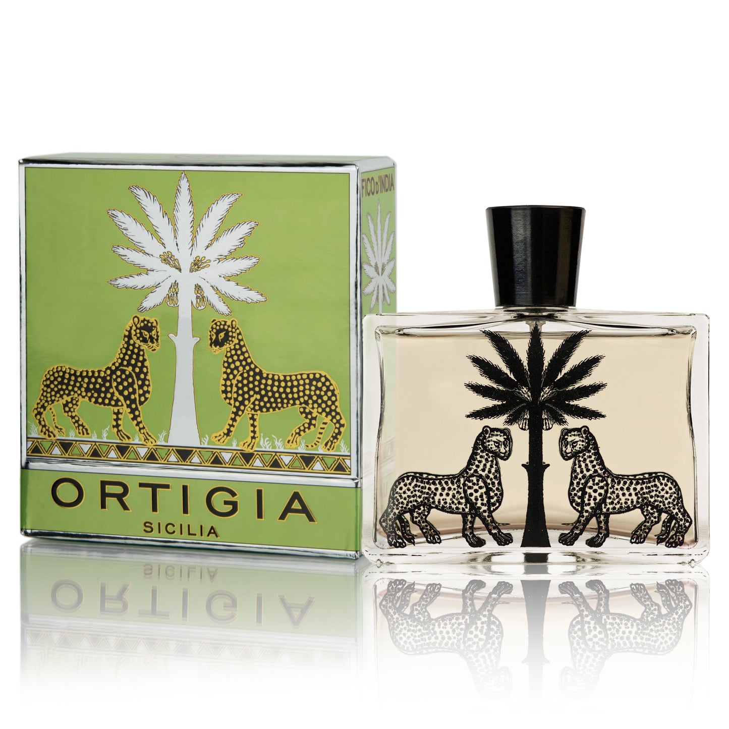 Ortigia Sicilia Fico d'India Eau de Parfum bottle with a green cap and a clear box packaging featuring illustrations of cacti and animals. The bottle displays a black cap and a green liquid.