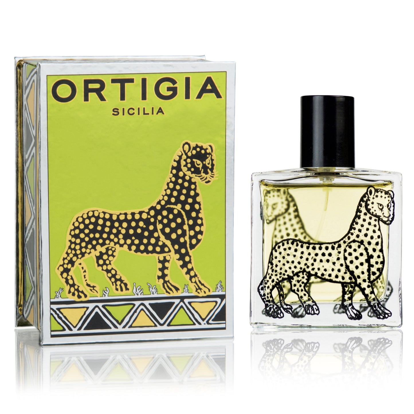 A bottle of Ortigia Sicilia Lime di Sicilia Eau de Parfum next to its packaging, featuring a black and yellow design with a depiction of a leopard.