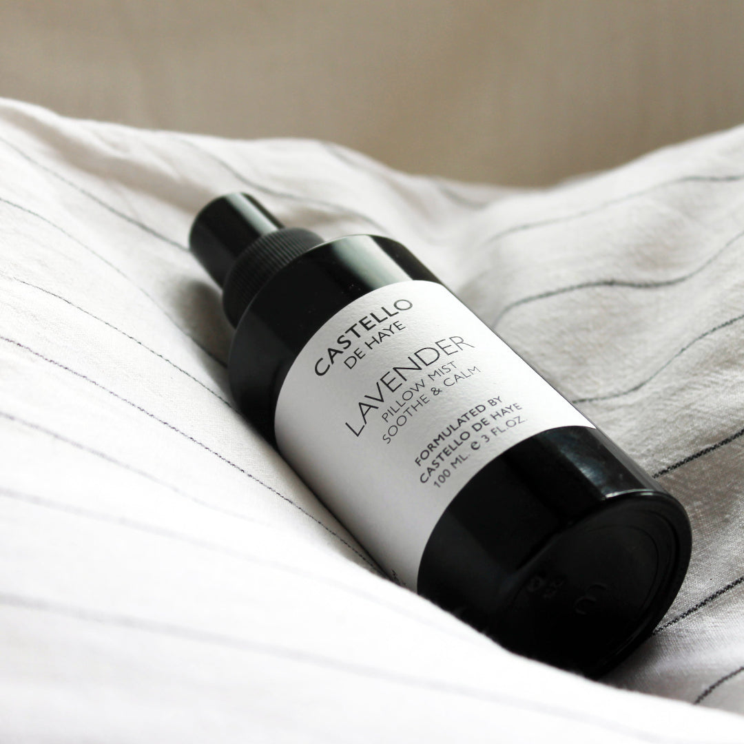 Castello de haye Lavender Pillow Mist on a soft linen pillow