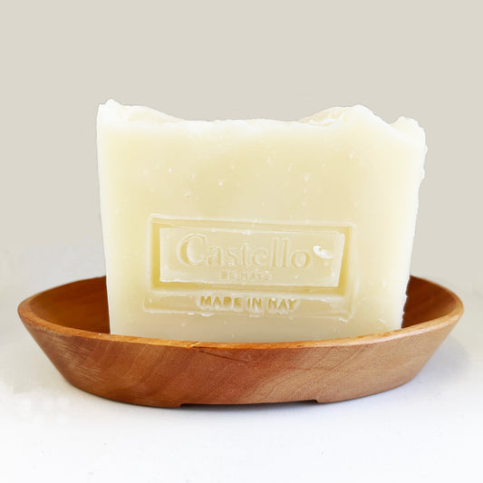 Handmade Castello de Haye soap, natural soap in wooden soap dish with white background