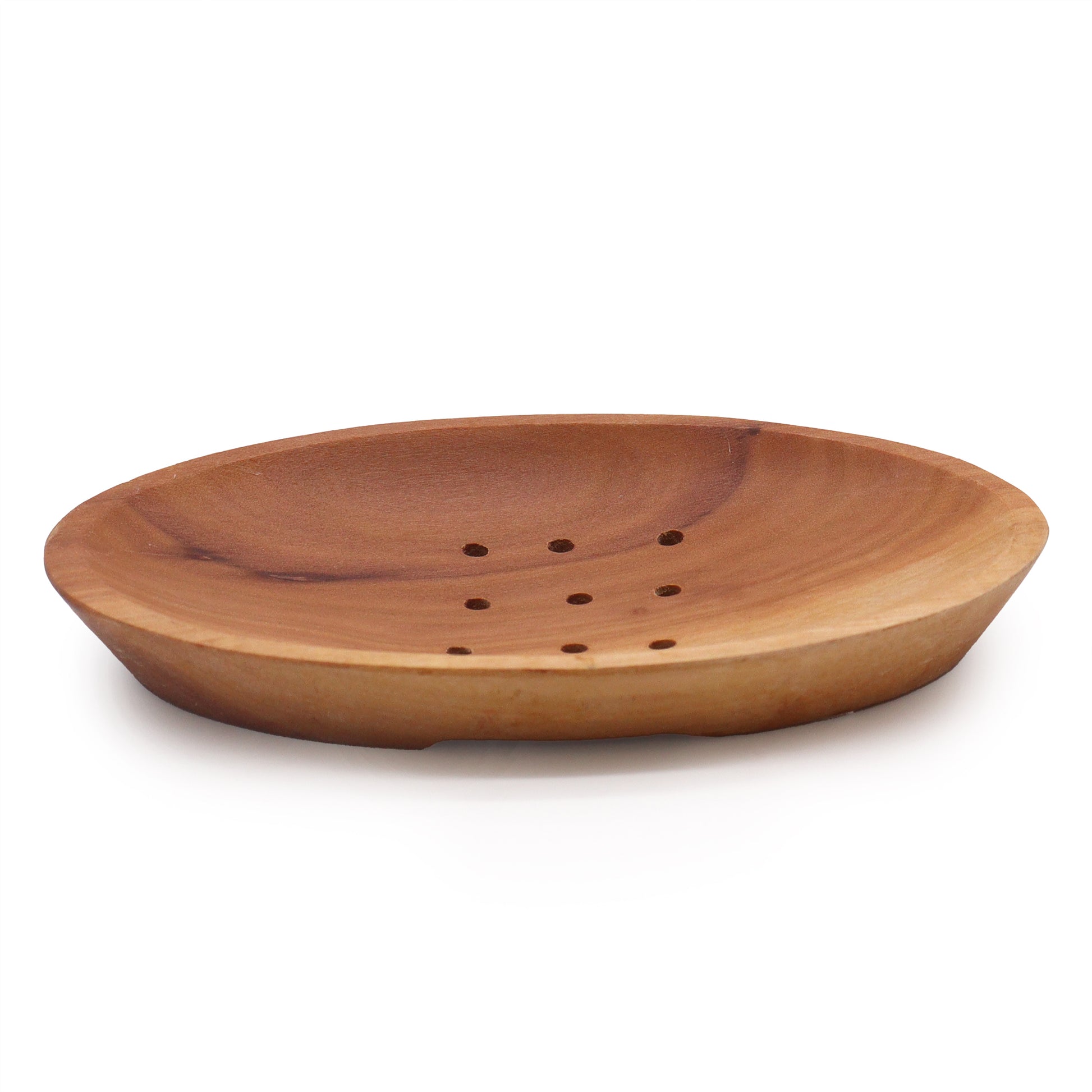 Side view of oval wooden soap dish with drainage holes on white background