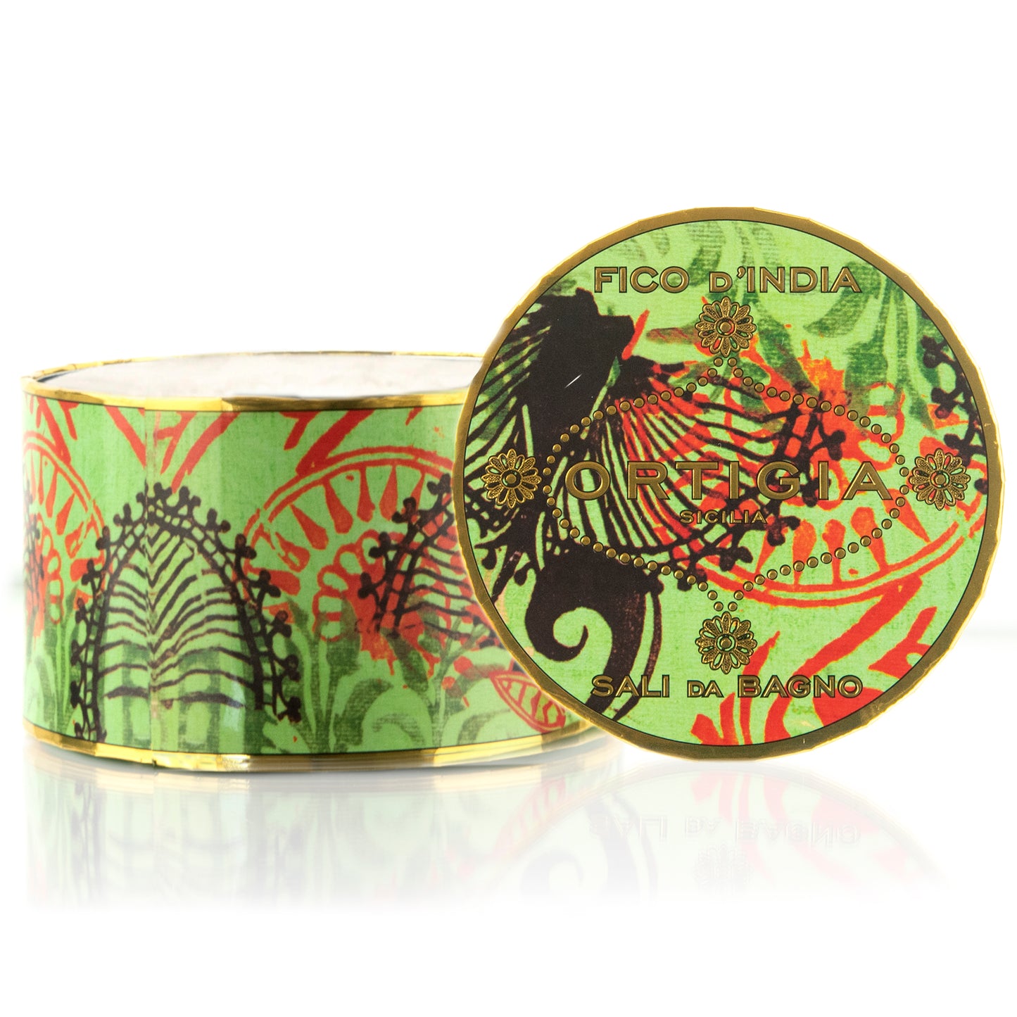 A colorful tin container of Fico D'india bath salts with a vibrant orange lid featuring illustrations of a cactus and flowers.