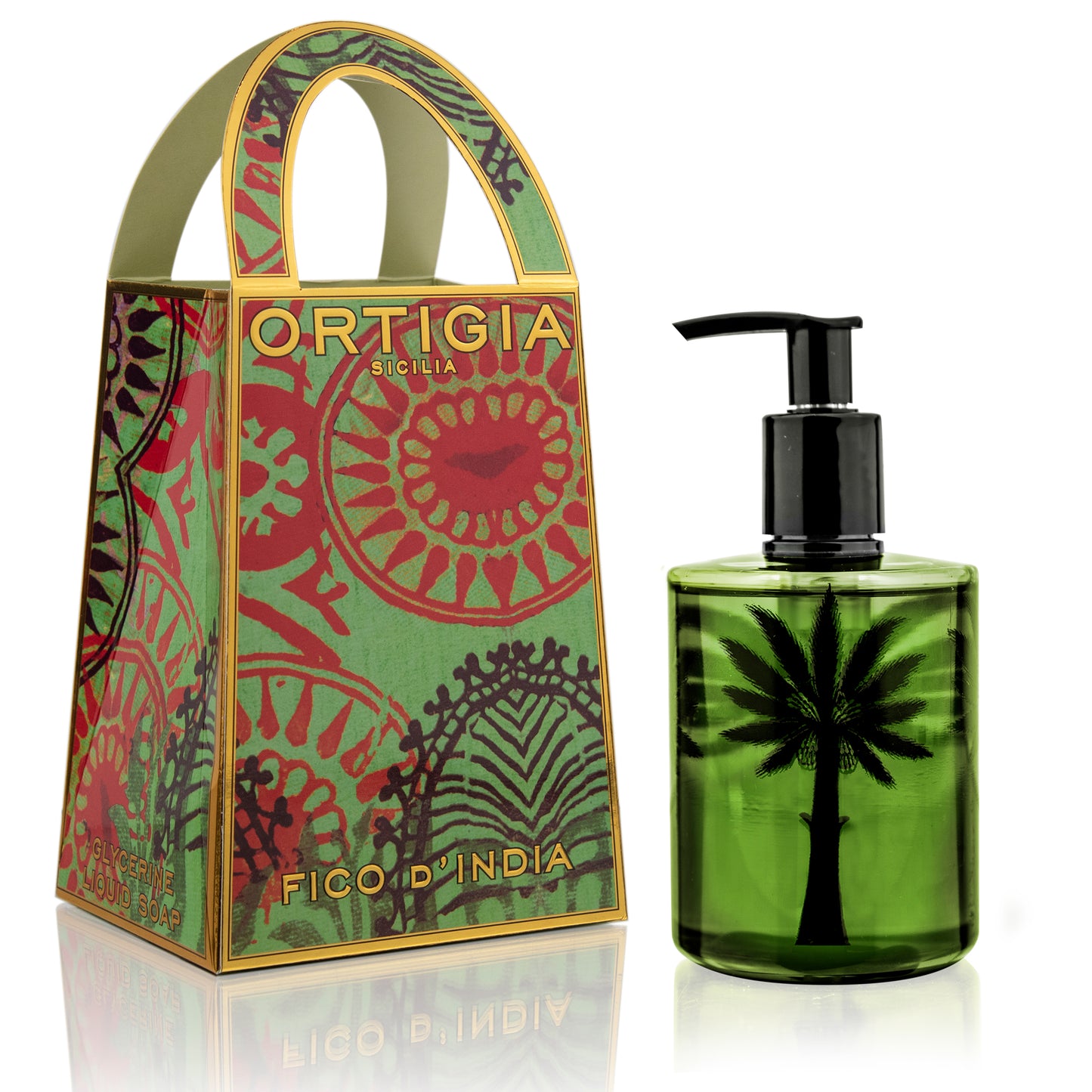 A green bottle of Ortigia Fico d'India liquid soap with a black pump, next to its packaging featuring the Fico d'India cactus with orange flowers.