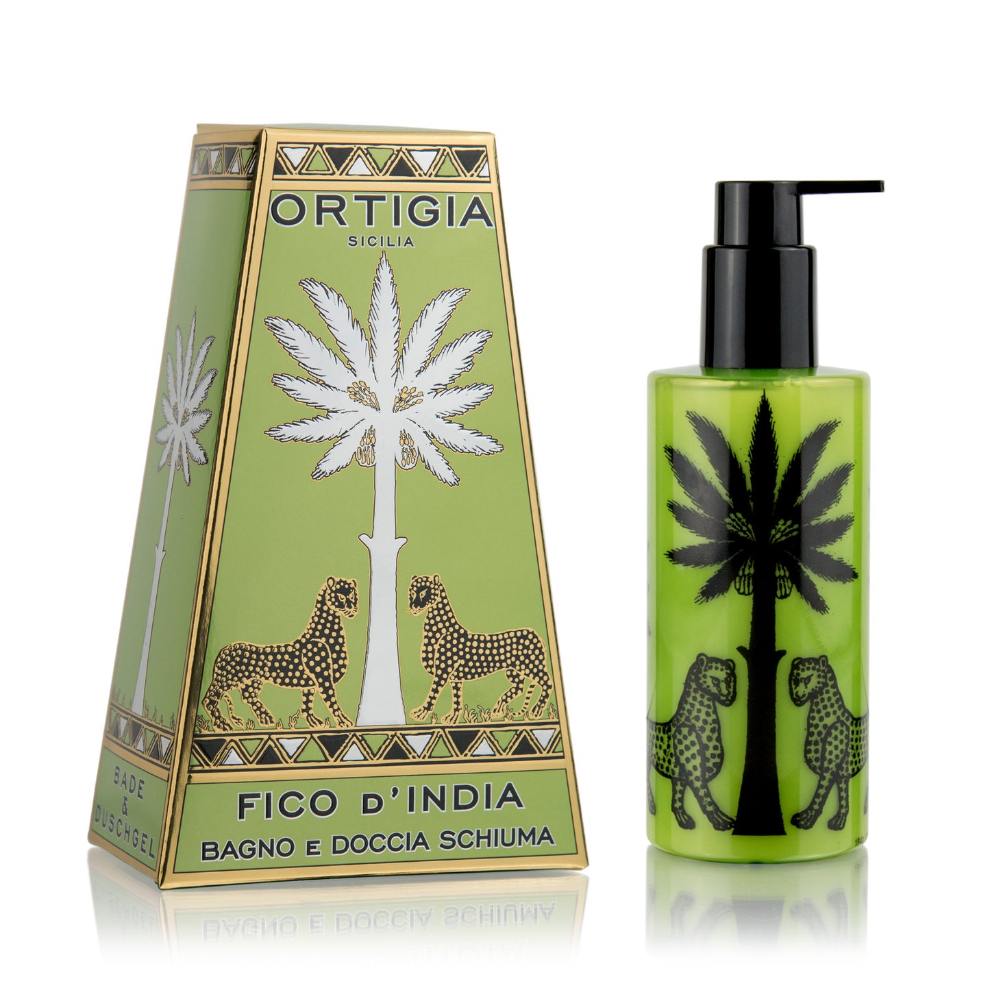 A bottle of Ortigia Fico d'India Bath and Shower Gel with a green label and a decorative box featuring illustrations of a cactus and birds.