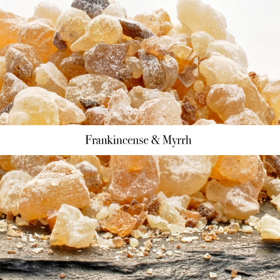Frankincese crystals with label saying Frankincense & Myrrh
