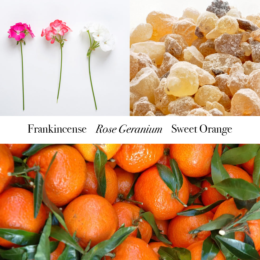 Three stems of rose geranium, frankincense crystals, oranges