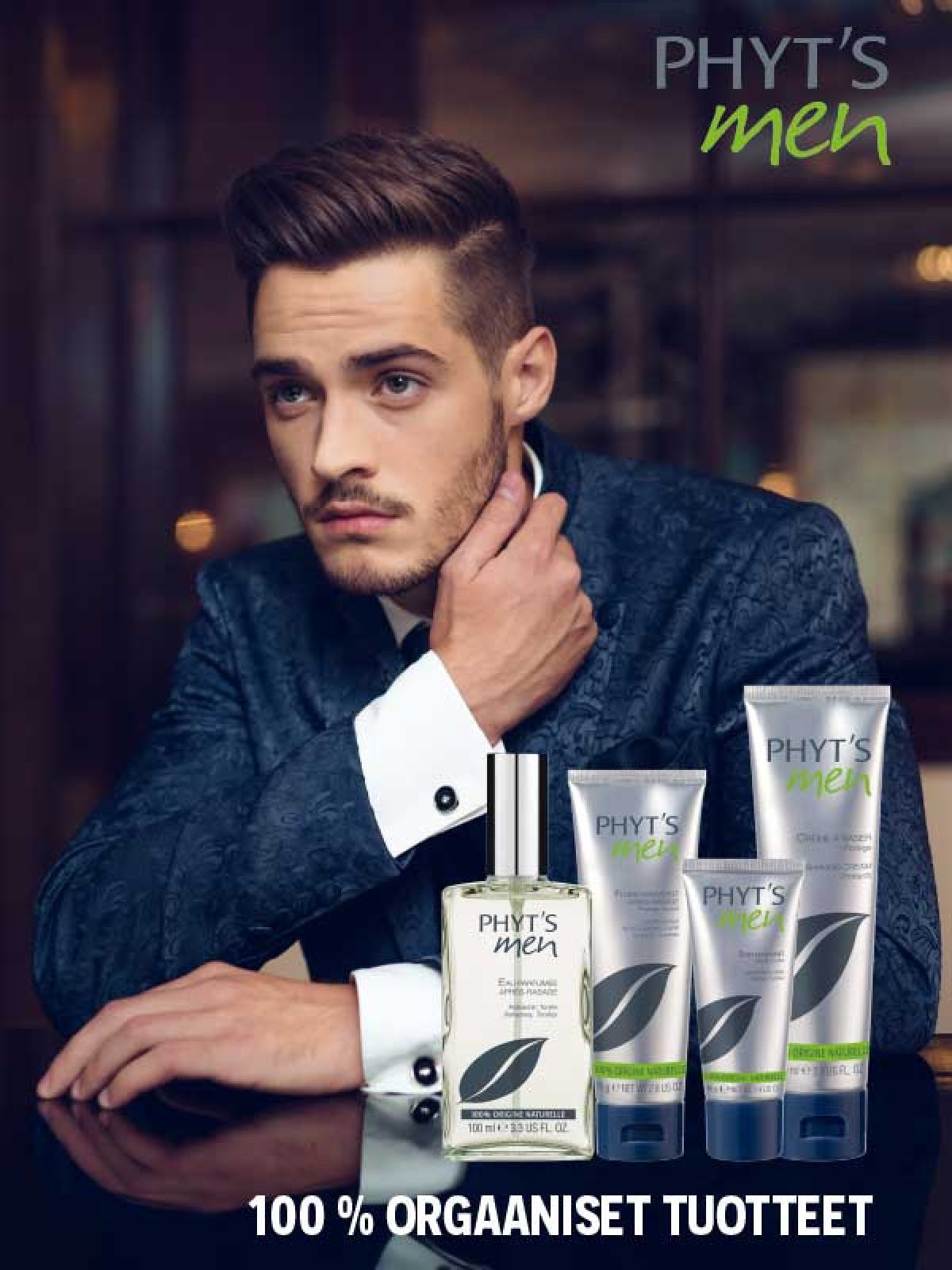 Phyt's Men aftershave with young model male in the background