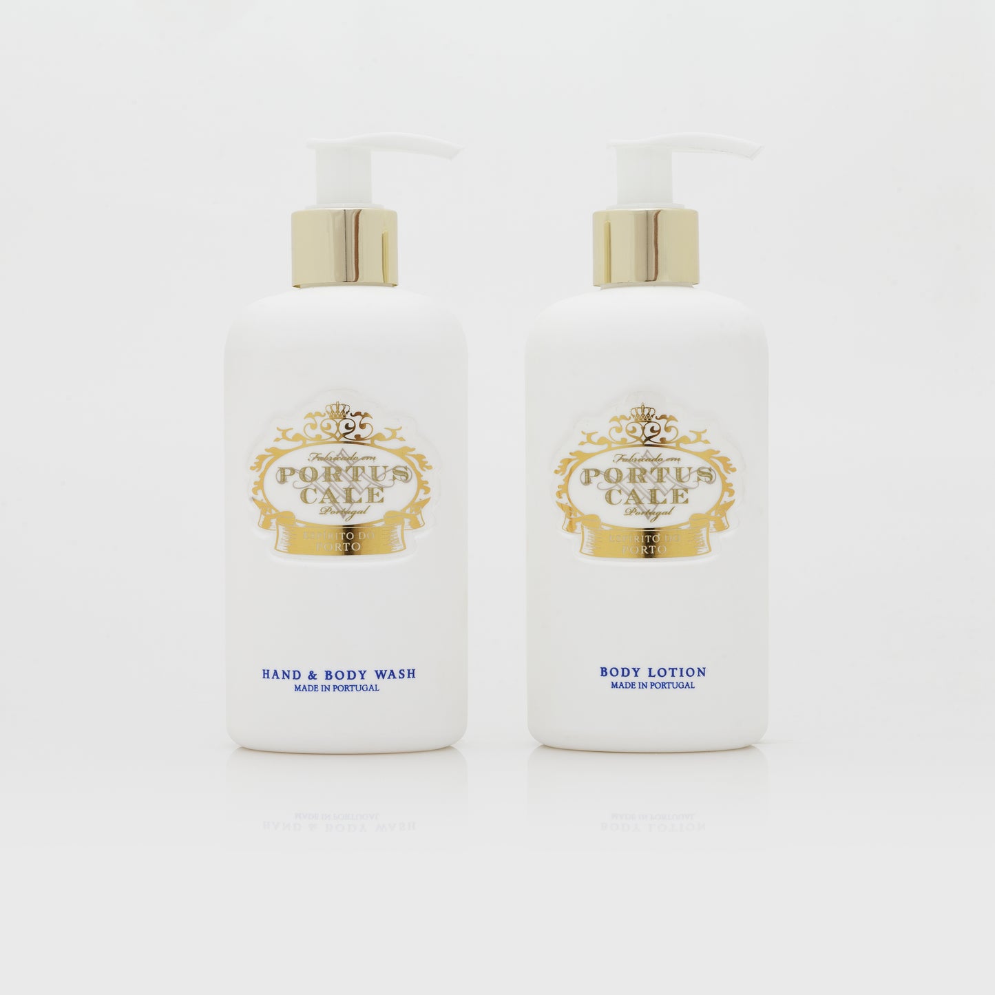 PortusCale_Gold_Blue_300mL_wash_and_lotion next to each other on white background