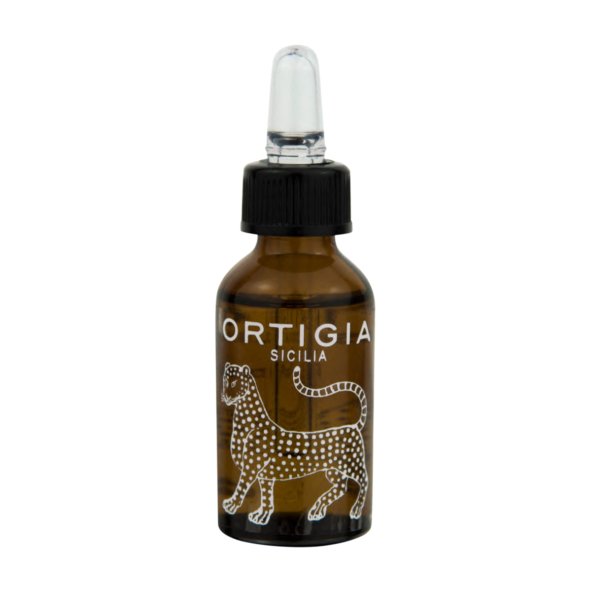 A brown glass bottle with a white dropper, labeled 'ORTIGIA SICILIA' with a white animal illustration below the text.
