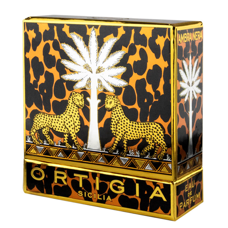 Ortigia Sicilia perfume box with leopard and palm tree design