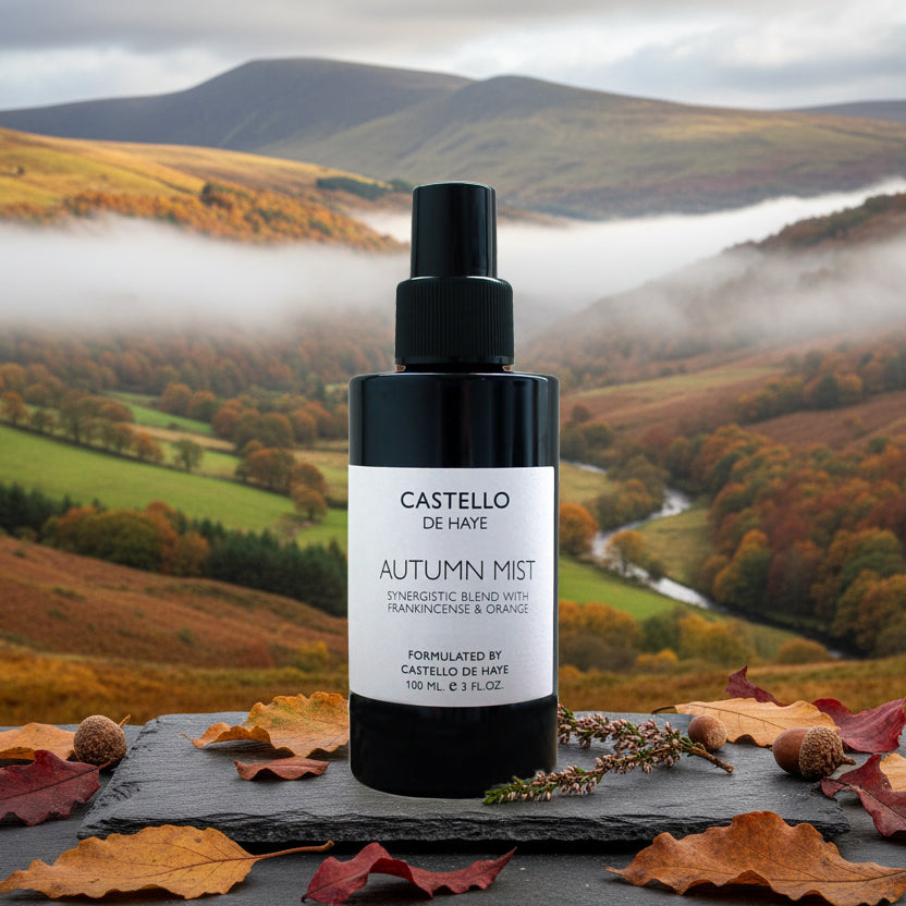 Autumn Mist Room Spray in a bottle with the background of misty mountains
