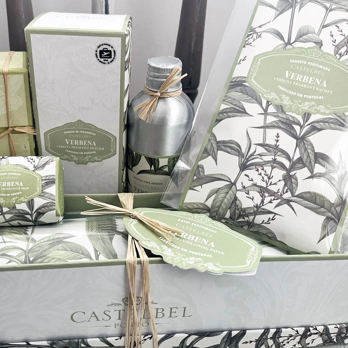Castelbel Verbena Room Spray, soap, reed diffuser, refill and scented sachet with botanical packaging