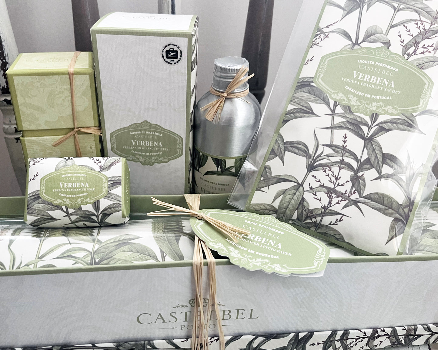 Castelbel Verbena collection – soap bar, candles and packaging on white background