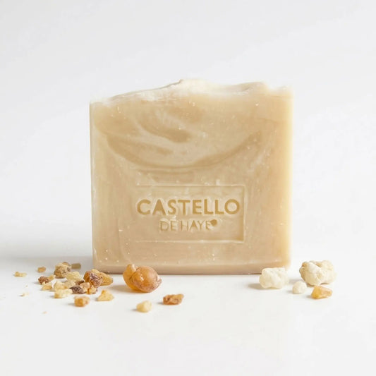 Castello de Haye handmade frankincense and myrrh soap bar with natural resin crystals, olive oil and beeswax