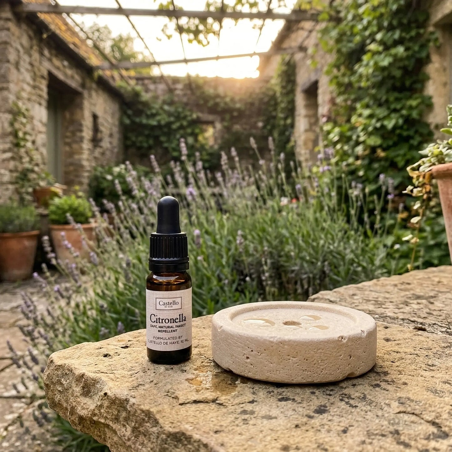 Citronella essential oil in 10ml bottle next to stone diffuser on stone wall in garden.