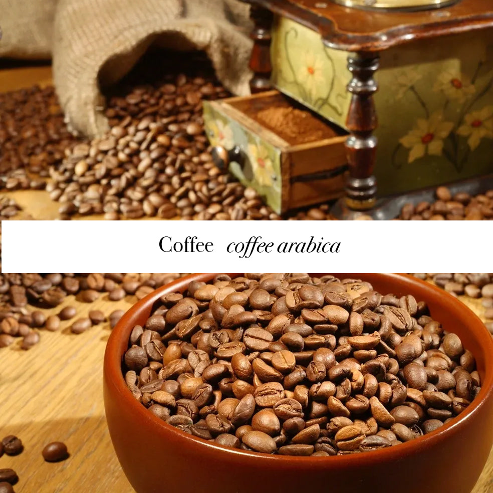 Coffee beans in a bow and coffee grinder in the background