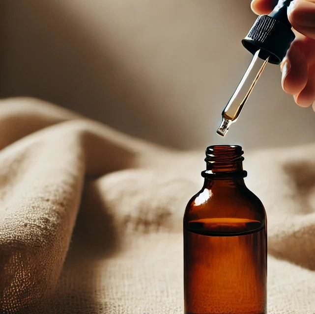 amber bottle with pipette dropper for essential oil on linen fabric