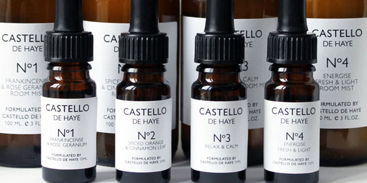 Group of essential oils from Castello de Haye No.1 Frankincense and Rose Geranium, No.2 Spiced orange and cinnamon leaf, No.3 Relax and Calm, No.4 Energise Fresh and light