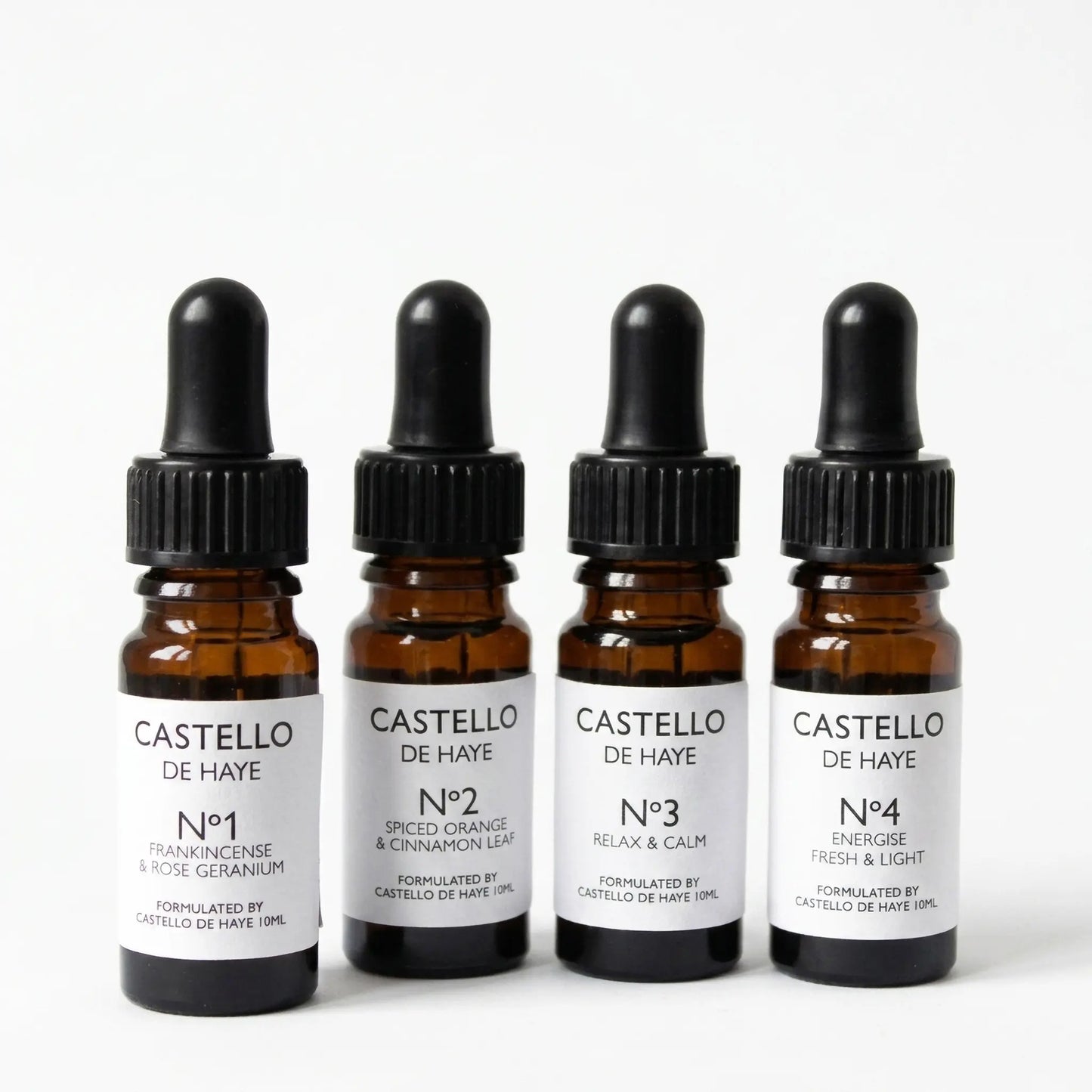 The complete Castello de Haye pure essential oil range — No.1, No.2, No.3 and No.4 apothecary bottles in a row