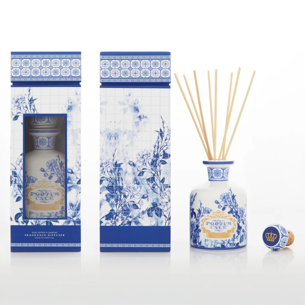 Portus Cale Gold & Blue ceramic reed diffuser 250ml — pink pepper and jasmine, display image