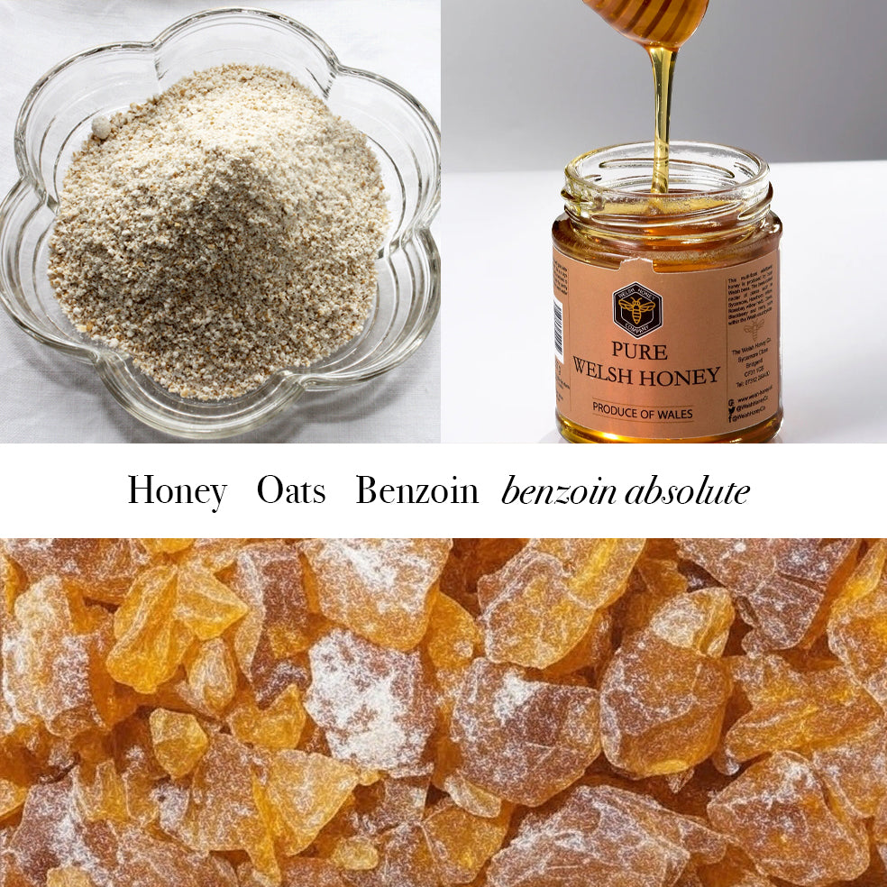 Bowl of Oats, jar of honey and benzoin crystals