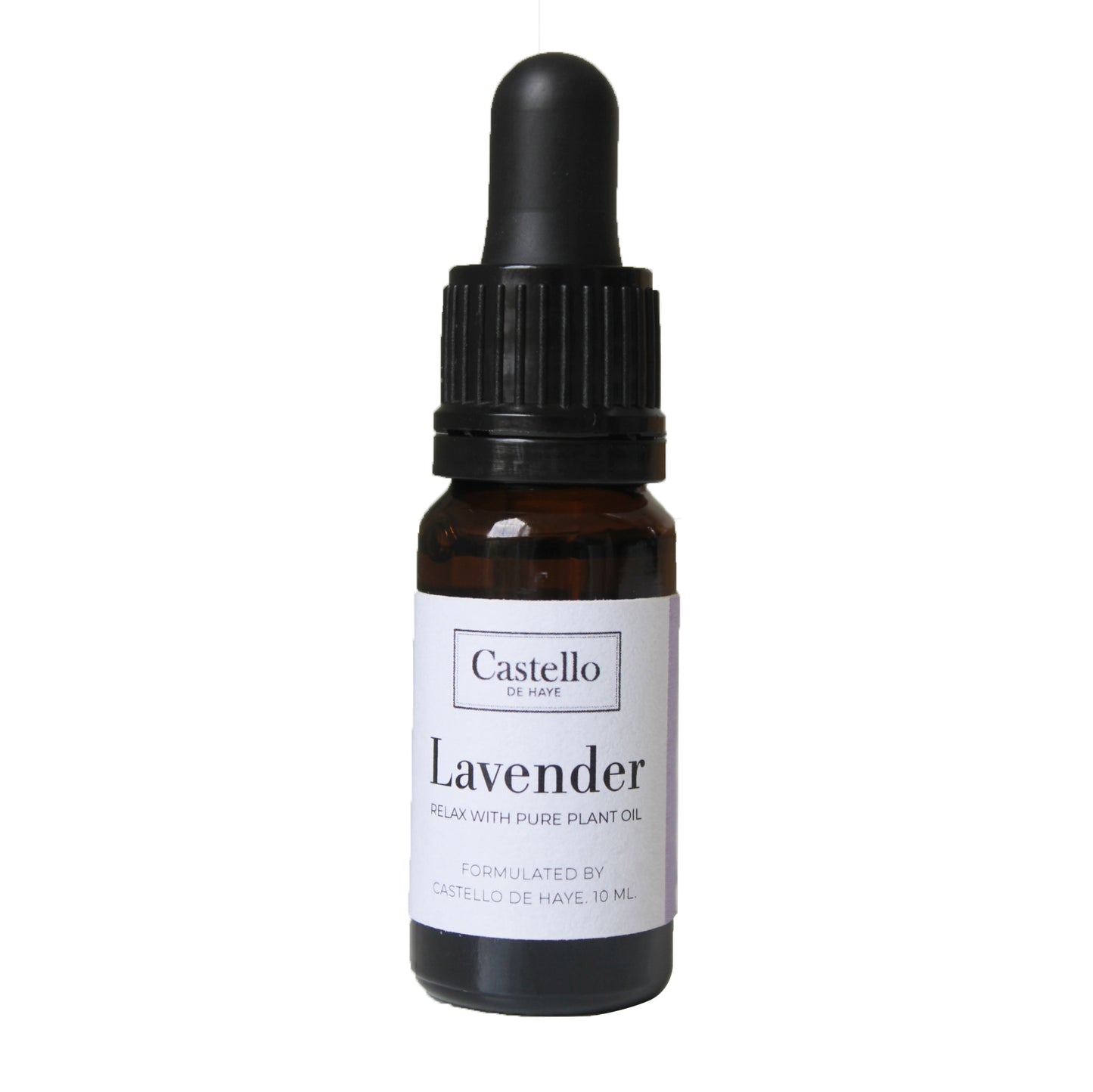 A 10ml amber glass bottle of Castello de Haye Lavender Essential Oil with a dropper.