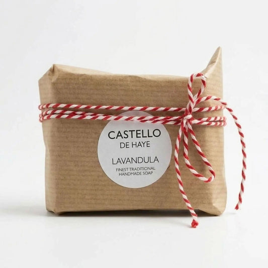 Castello de Hay Lavender handmade soap wrapped in kraft paper and twine with pretty bow.