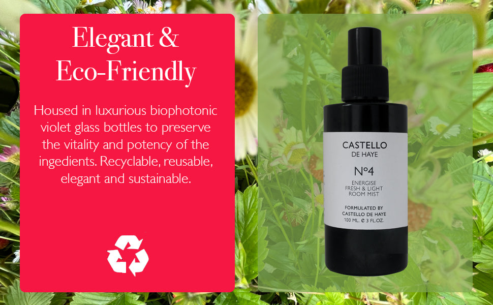 Cosmetic bottle with text about eco-friendliness on a green leafy background