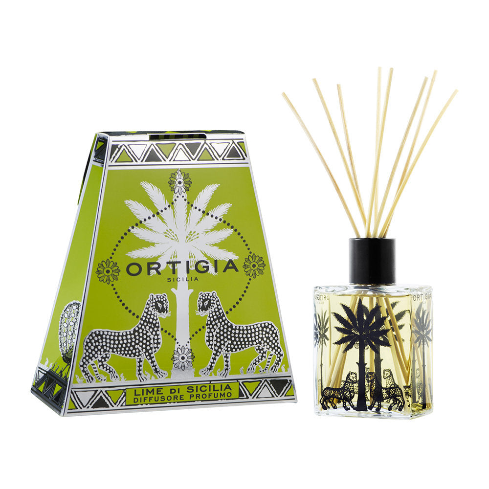 Ortitia Sicilia, Lime di Sicilia Diffuser, signature bottle and midolino sticks, on white background
