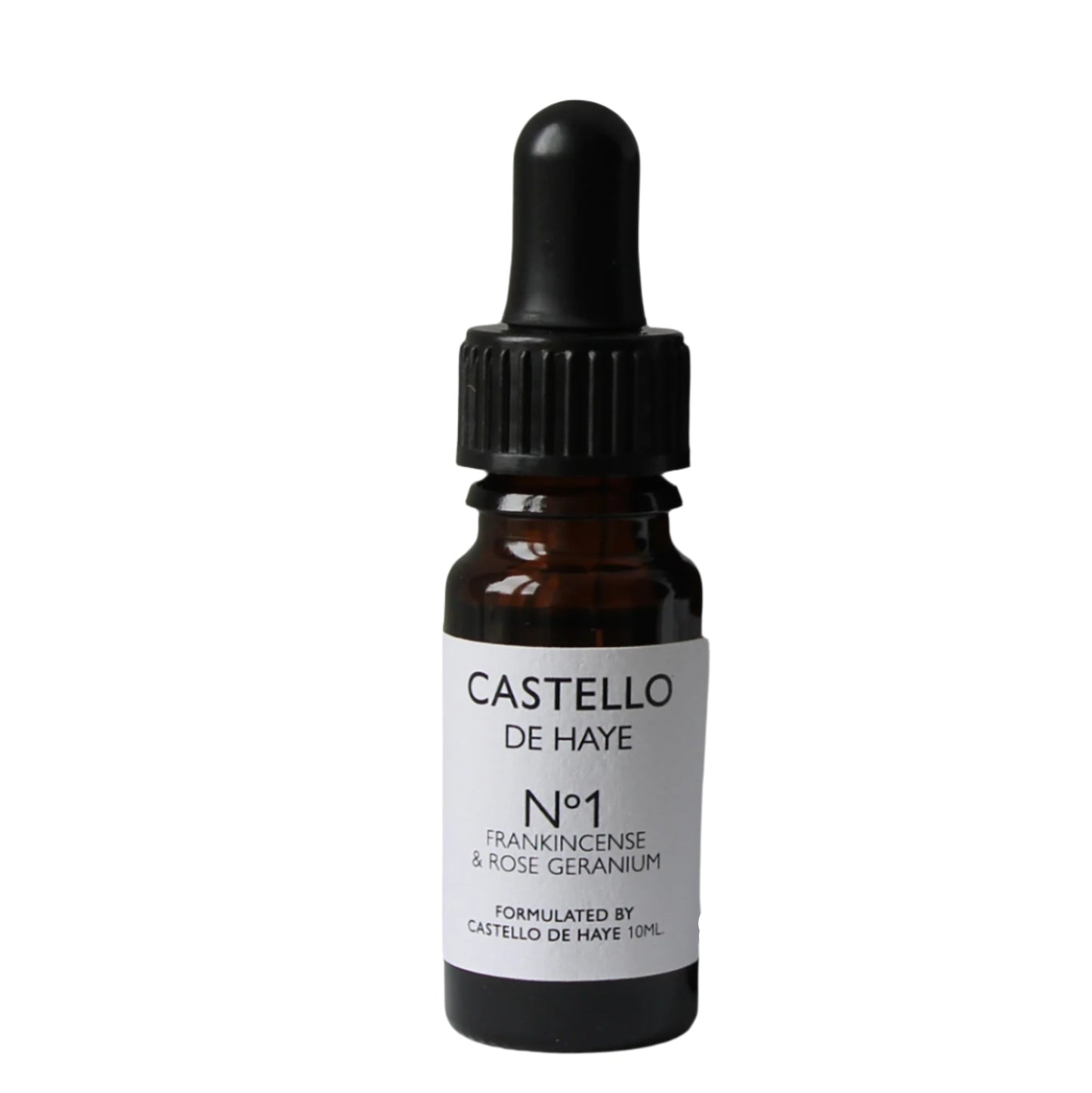 A 10ml amber glass bottle of Castello de Haye No.1 Frankincense & Rose Essential Oil with a black pipette dropper.