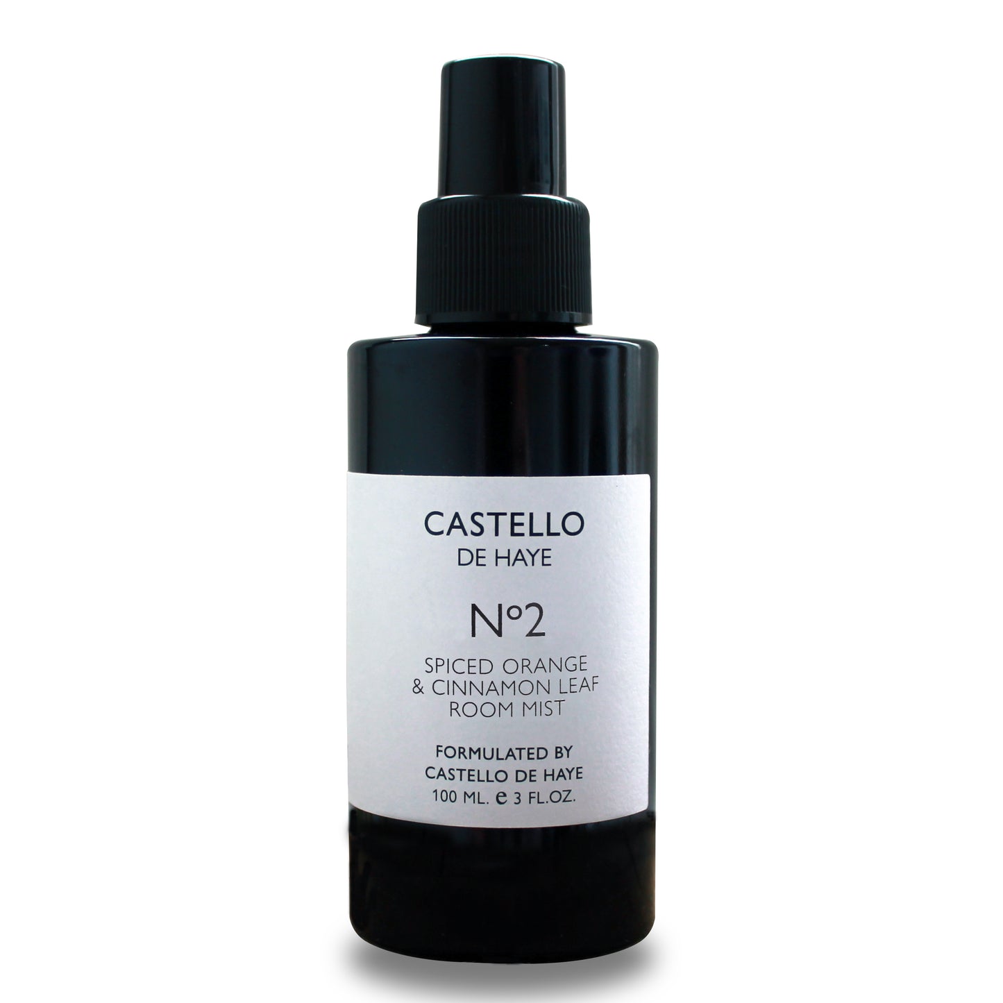 Black room mist bottle with white label on a white background