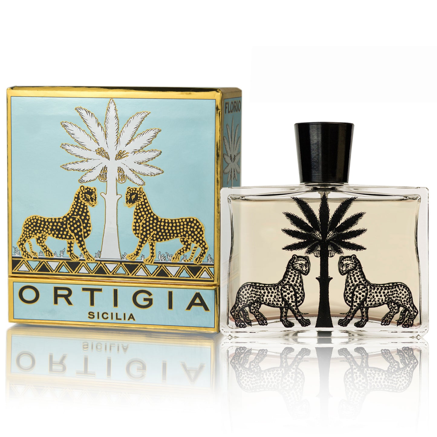 A product image featuring Ortigia Sicilia Florio Eau de Parfum in a glass bottle with a black cap, accompanied by its packaging box with similar design elements.