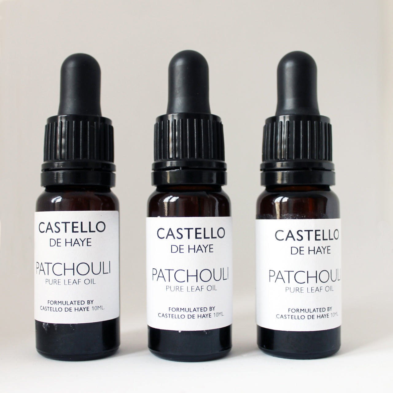 Three bottles of Castello de Haye Patchouli essential oil 10ml - grounding pure aromatherapy oil