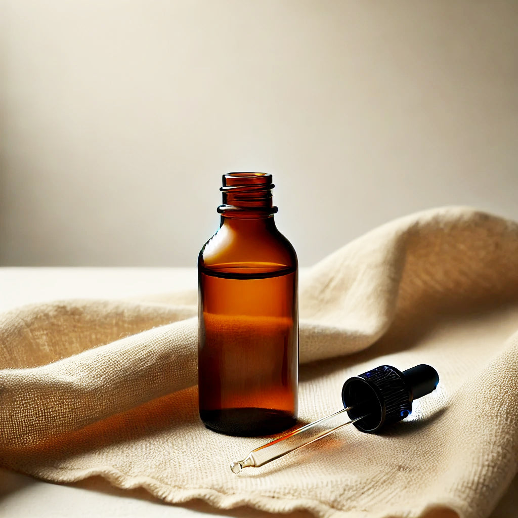 Amber bottle with pipette on hessian