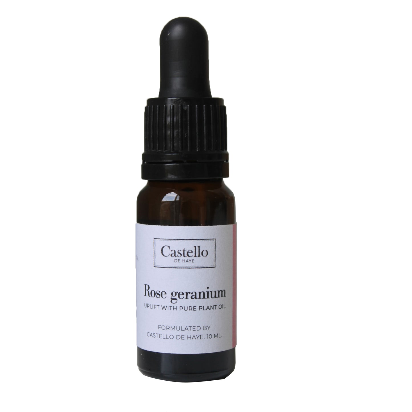 A 10ml amber glass bottle of Rose Geranium essential oil with a black pipette dropper and a white label with black text.