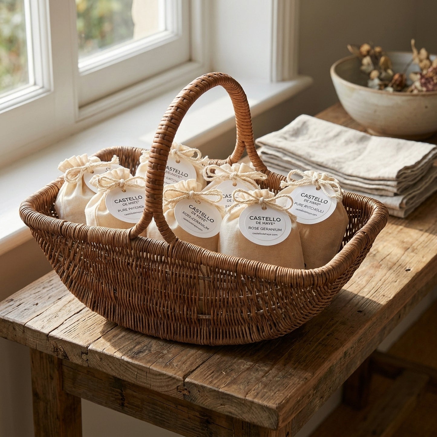 Basket containing Castello de Haye soap in cotton muslin bag