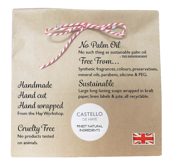 handmade, hand cut hand wrpped cruelty free, no palm oil sustainable, on kraft paper bag