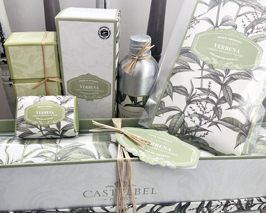 Collection of Castelbel Verbena Home Fragrance products, soap, spray, diffuser, wardrobe sachets, drawer liners