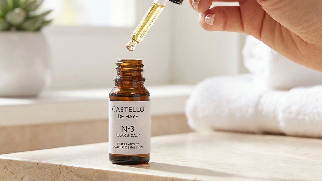Castello de Haye No.3 Relax essential oil blend — ylang ylang, lavender and sweet orange — being measured with a pipette