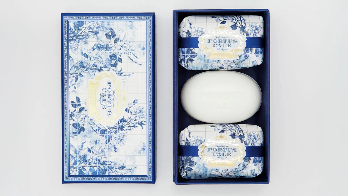 Portus Cale Gold & Blue gift box of three 150g soaps in blue and white Portuguese tile wrapping