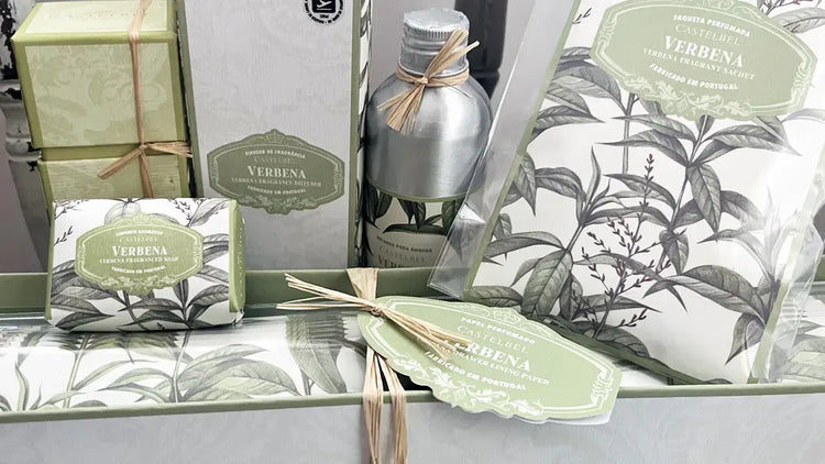 Castelbel Verbena soap, reed diffuser, refill and scented sachet with botanical packaging