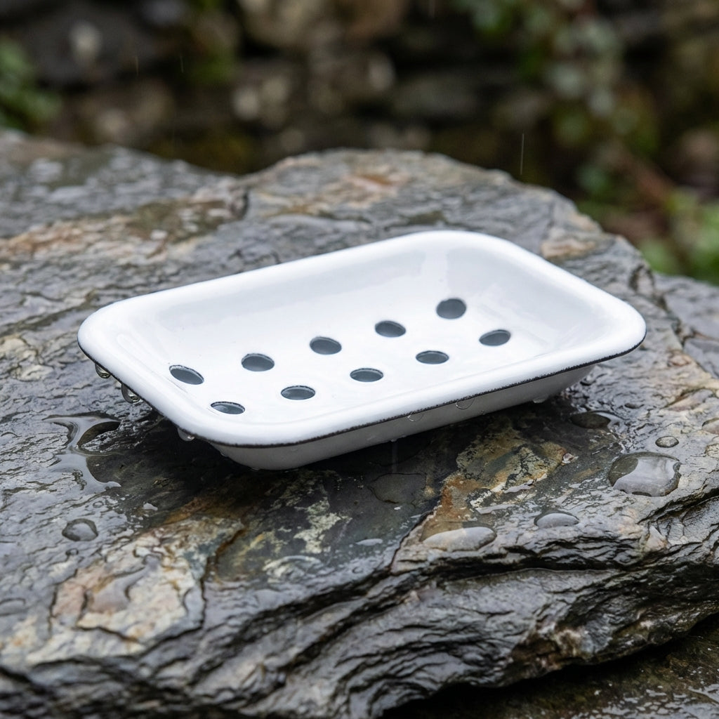 White enamel soap dish with drip tray on Welsh slate background