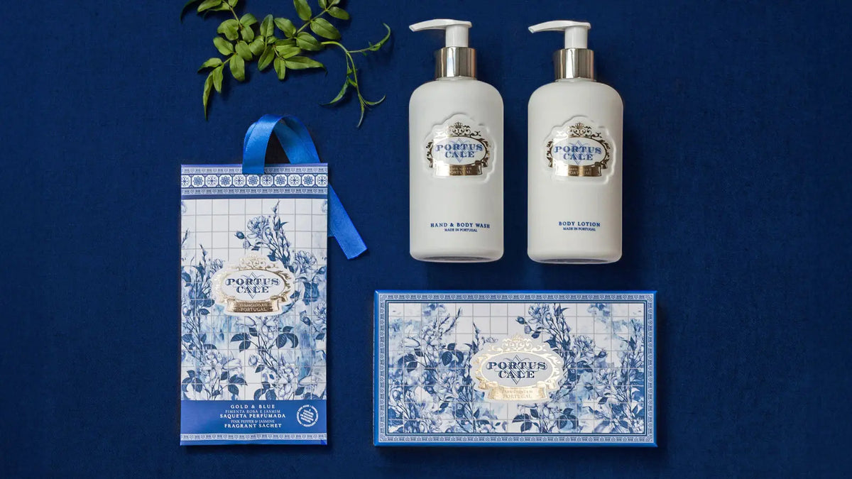 Portus Cale Gold & Blue hand and body wash, body lotion, scented sachet and soap gift box