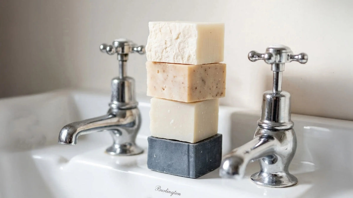 Stack of Castello de Haye handmade soap bars balanced between chrome taps on a white basin