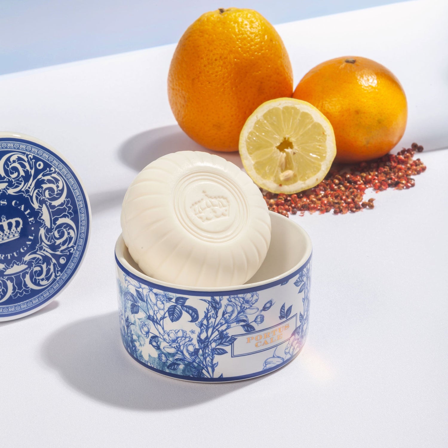 Portus Cale Gold and Blue ceramic soap dish and luxury soap