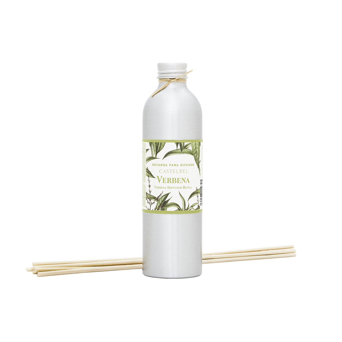 Aluminium bottle with green label and wooden sticks on a white background