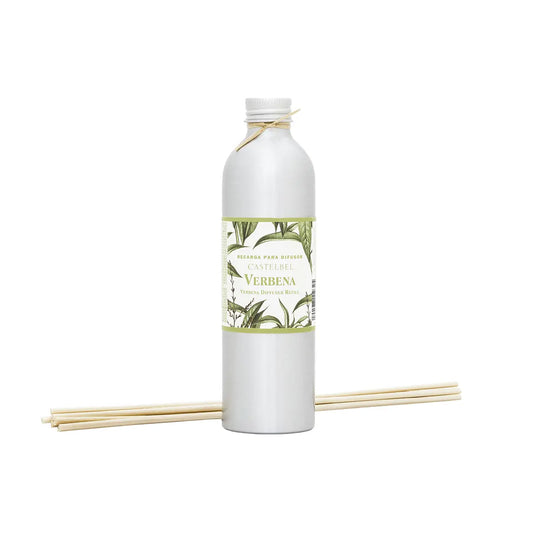 Castelbel Verbena 250ml reed diffuser refill in an aluminium bottle with green label, beside wooden reeds
