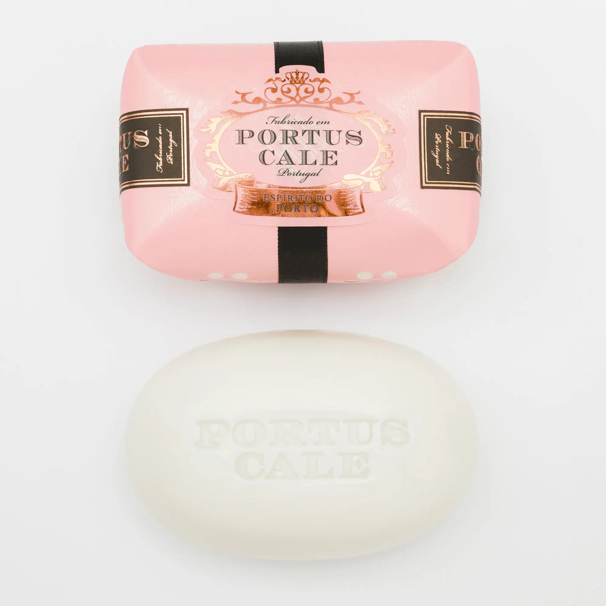 Portus Cale Rosé Blush 150g soap bar — blush pink wrapped bar and unwrapped ivory soap, top view
