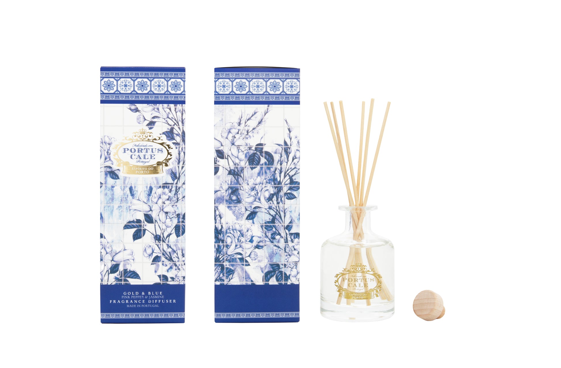 Pink Pepper and Jasmine Gold and Blue Diffuser with decorative box and glass reed diffuser